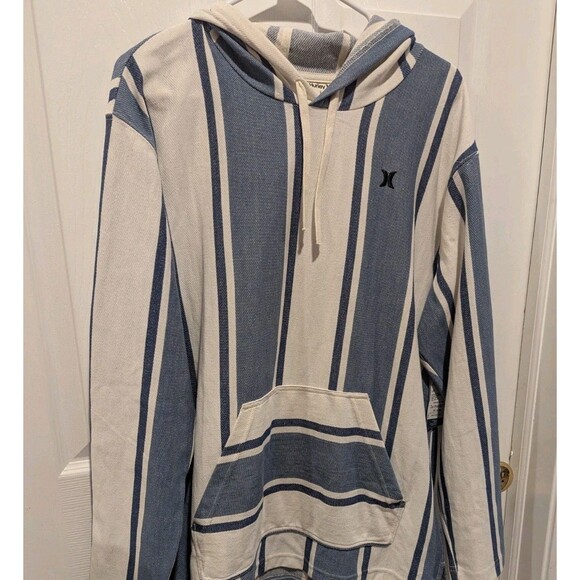 Hurley Men's Size Large OG Hooded Poncho - Barely Bone Blue & Cream Striped - Picture 4 of 9